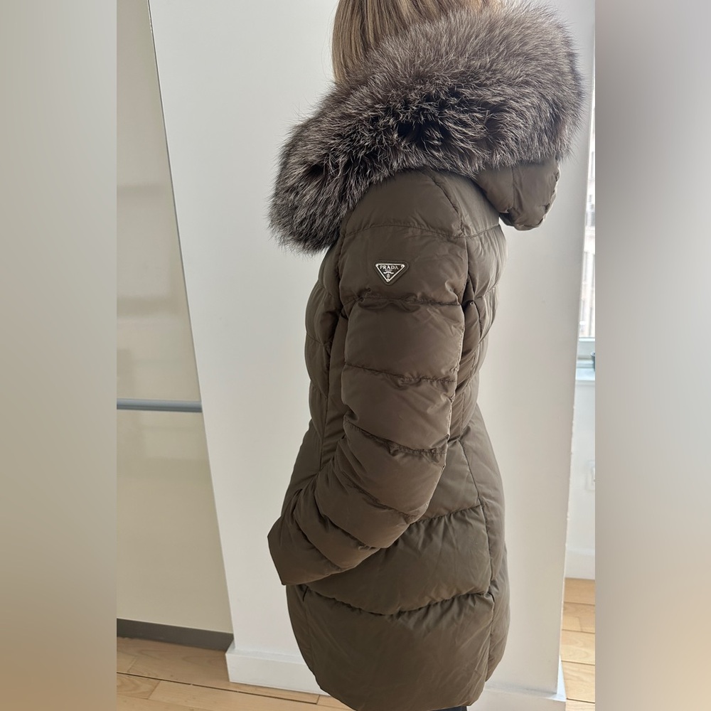 Prada Women's Olive Down Puffer Jacket with Fur Trim
